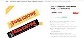 Pack x2 Toblerone Chocolate con Leche y Chocolate Negro de 360 gramos por 4,99€
