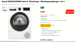 Bosch WQG233D5NL Serie 6 - Wasdroger - Warmtepompdroger voor €619 na cashback bij Bol.com