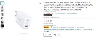 UGREEN 65W USB-C oplader voor €20,27 bij Amazon