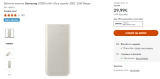 Batterie externe Samsung 10000 mAh Ultra rapide USBC 25W Beige à 29,99€