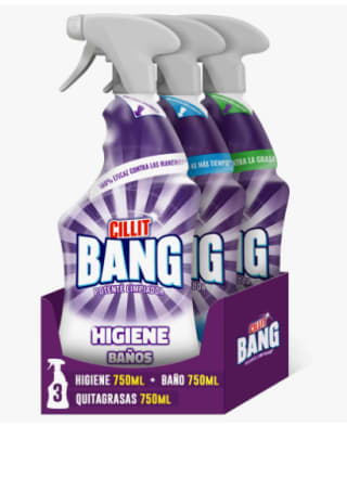 Cillit Bang - Pack 3 sprays 750ml (1 Lejía e Higene Baño, 1 Quitagrasas Cocina 750ml, 1 Ultra Baño Brillo 750ml) por 6.49€