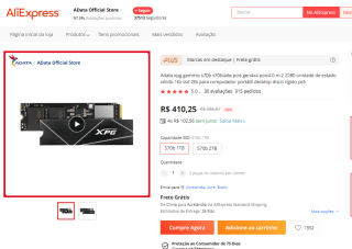 Memória SSD Adata Xpg, modelo S70 Blade de 1TB - R$ 415,79