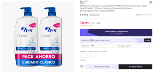 Pack 2 H&S Champú Anticaspa Classic de 1000ml por 10,49€
