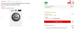 Lavadora carga frontal Bosch WAN24200EP, serie 4, 9 kg, 1200 rpm, 15 programas, Speed Perfect por 399€