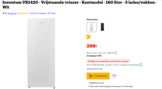 Inventum VR1420 - Vrijstaande vriezer voor €299 bij Bol