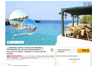 4 noches Semana Santa y Mayo en Menorca, ferry con tu coche+ estancia a 3min a pie de la playa por 122€