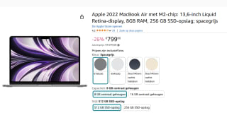 Apple MacBook Air 2022 M2 8-core, 8GB ram, 8-core GPU, 256GB ssd, Qwerty, voor €799 bij Amazon