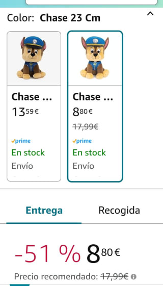 Peluche Chase de la Patrulla Canina por 8,80€.