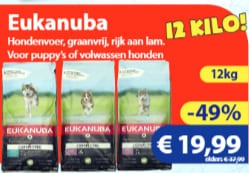 12 Kilo Eukanuba hondenvoer (puppy's of volwassen) voor €19,99 bij Die grenze