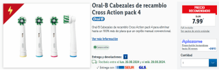 Pack 4 Oral-B Cabezales de recambio Cross Action por 7.99€