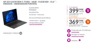 Portátil HP 255 G10 Ryzen 5-7530U - 16GB - 512GB SSD por 399€