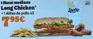 Menu mediano long chicken + 3 alitas de pollo por 7,95€ de Burger king
