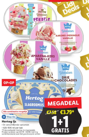 1+1 gratis op alle Hertog ijs bij de Lidl