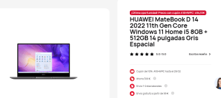 Portátil Huawei MateBook D14 2022 por 494,10€