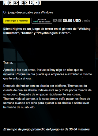 Gratis desde Itch noches de silencio, por tiepo limitado