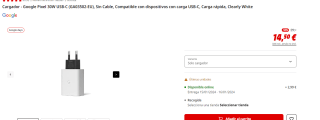 Cargador Google Pixel 30W USB-C (GA03502-EU), Sin Cable por 14.50€
