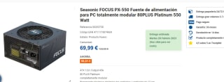 Fuente de alimentación Seasonic FOCUS PX-550 80+ Platinum por 69,99€