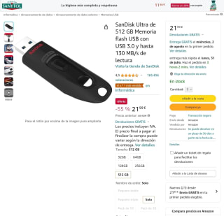 MemoriaSanDisk Ultra 512 GB flash USB 3.0 130 MB/s por 21,99€