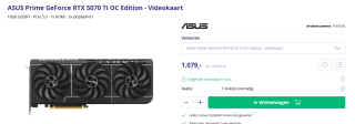 ASUS Prime GeForce RTX 5070 Ti 16GB GDDR7 OC Edition €1.079 bij Azerty