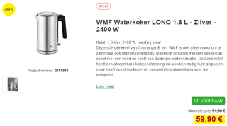 WMF Waterkoker LONO 1.6 L - Zilver - 2400 W voor €59,90 bij Proshop