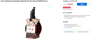 Set 3 Sartenes de Aluminio Inducción 20, 24 y 28 cm FAGOR Pousse por 19.99€