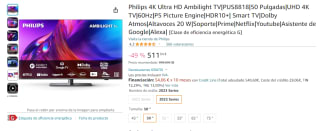 TV 50" Philips 50PUS8818/12 - 4K 120Hz, Google TV, Ambilight por 511€
