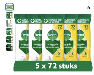 5x72 doekjes Dettol schoonmaakdoekjes voor 9,99 euro