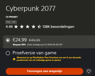 Cyberpunk 2077 voor €24,99 in de PlayStation Store