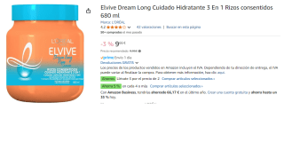 3 Botes de L'ORÉAL PARÍS ELVIVE Dream Long Mascarilla Rizos por 19.32€