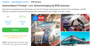 Autowasbeurt 'Proteqt + evt. binnenreiniging bij BOB Autowas voor €11,95 via Social Deal
