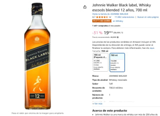 Johnnie Walker Black label, Whisky escocés blended 12 años, 700 ml por 19,90€