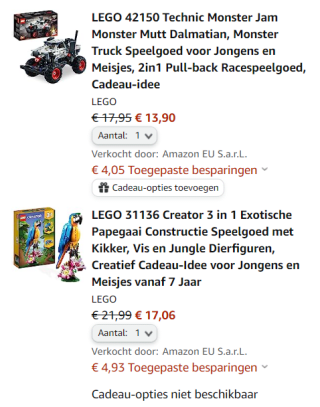 50% korting op 1 Lego artikel bij aankoop van 2 Lego artikelen bij Amazon