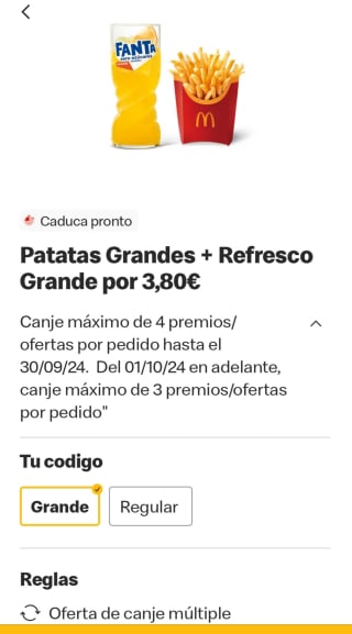 Patatas grandes+refresco grande por 3,80€