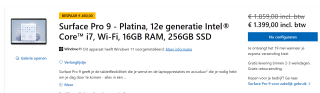 Microsoft Surface Pro 9 i7-1255U, 16GB ram, 256GB opslag Platinum voor €1399 in de Microsoft store