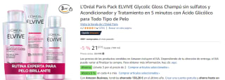 3 Unidades de L'Oréal Paris Pack ELVIVE Glycolic Gloss Champú sin sulfatos y Acondicionador y Tratamiento en 5 minutos con Ácido Glicólico para Todo Tipo de Pelo por 41.03€
