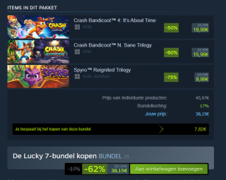 Lucky 7-bundel: Spyro Reignited Trilogy /Crash Bandicoot N. Sane Trilogy en Crash Bandicoot 4: It's About Time voor €38,15 via Sream