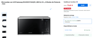 Microondas con Grill Samsung MG23K3515AS/EC, 800 W, 23 L, 6 Niveles por 75,65€
