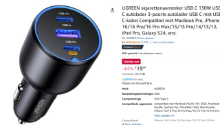 UGREEN Auto-snellader met 3 poorten voor €19,99 bij Amazon