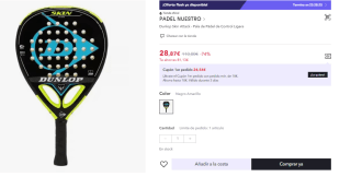 Pala de Padel Dunlop Skin Attack por 28.87€ (Cuenta Nueva 18.87€)