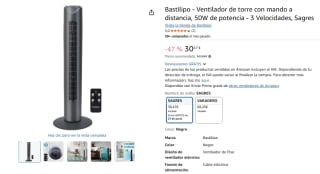 Bastilipo Ventilador de torre con mando a distancia, 50W de potencia - 3 Velocidades por 30,47€
