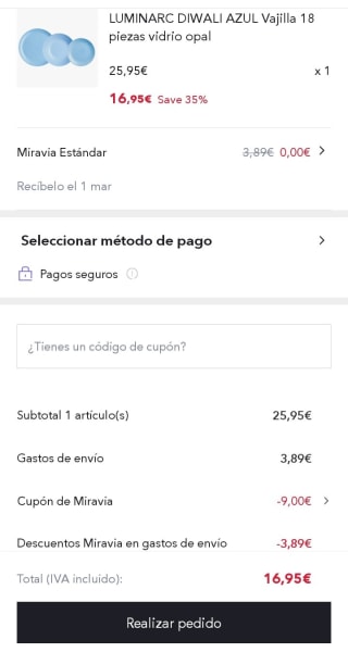 Luminarc Diwali Vajilla 18 piezas por 16,95€.