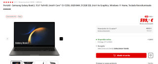 Portátil Samsung Galaxy Book3, 15.6" Full-HD, Intel Core i5-1335U, 8GB RAM, 512GB SSD por 589€