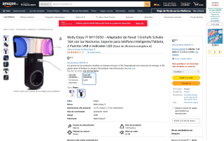 Adaptador pared Schuko 16A luz nocturna soporte smartphone por 6,90€