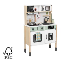 Cocinita de madera de juguete con 2 placas de cocina con iluminación LED y sonidos de cocinar y freír por 29.9€