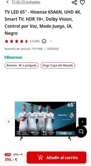 TV LED 65" Hisense UHD 4K por 394€.