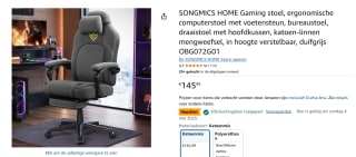 SONGMICS HOME ergonomische Gaming stoel voor €98,44 bij Amazon