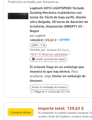 Teclado Gaming Mecánico Logitech G915 LIGHTSPEED por 129,63€