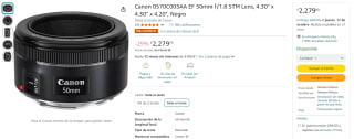 Canon 0570C005AA EF 50mm f/1.8 STM por $2,279 en Amazon