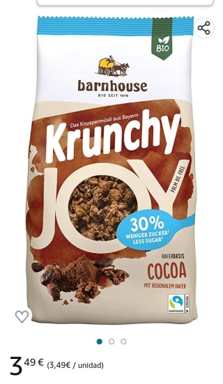 Pack de 3×375g Barnhouse Krunchy Joy Muesli Cereales De Cacao por 3,49€.