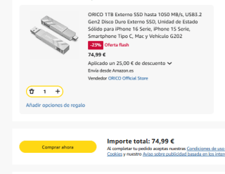 ORICO 1TB Externo SSD hasta 1050 MB/s, USB3.2 Gen2 Disco Duro Externo SSD por 74,99€